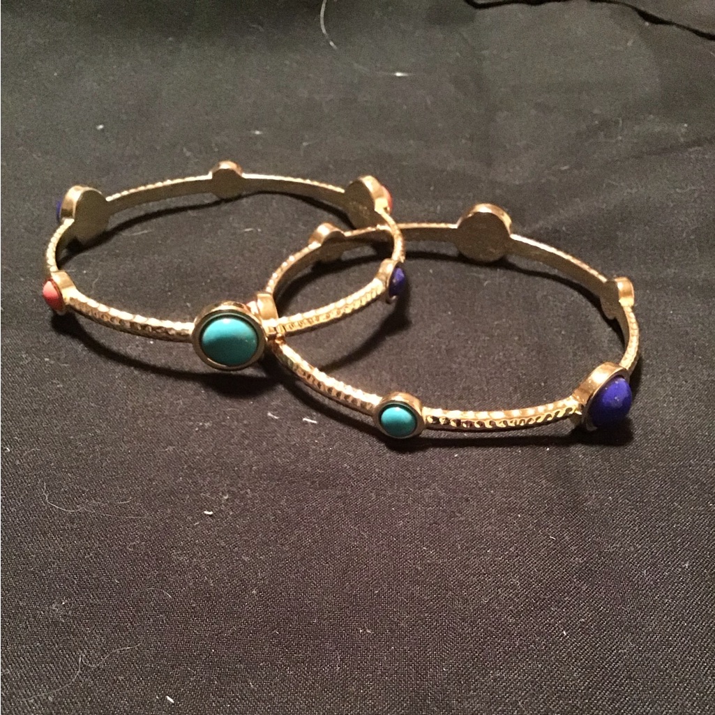 Rj Graziano Set Of 2 Gold Tone Bangle Bracelets Coral Lapis Turq Euc Sz L